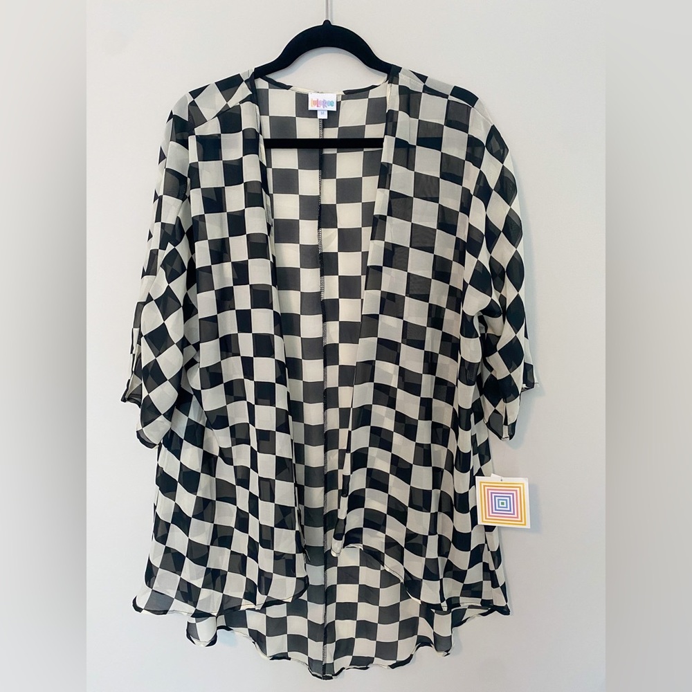 LuLaRoe Checkered Race Flag Lindsay Kimono Size Medium NWT